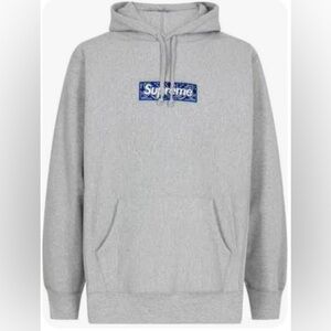 Supreme Blue Bandana Logo Hoodie Sweatshirt Heather Grey -Size Medium